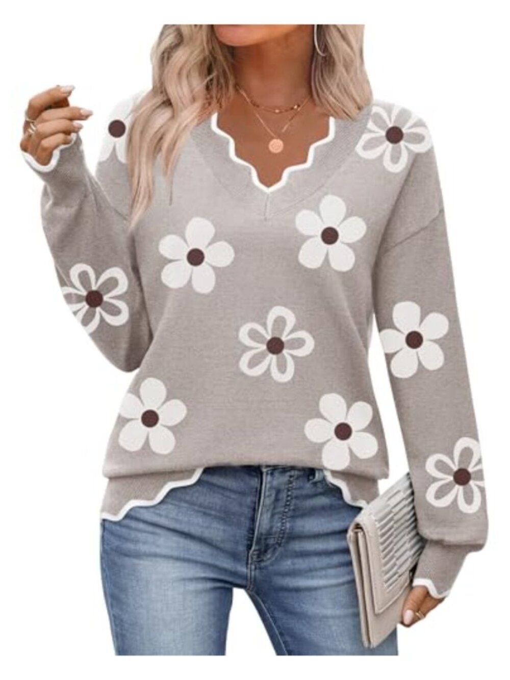 V Neck Ribbed Knit Pullover Sweater Long Sleeve Loose Fit Casual Fall Winter